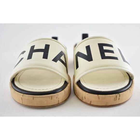 Chanel 19S Ivory Black Letter CC Logo Cork Mules Slide Sandal Flop Flat 35c - Picture 6 of 12